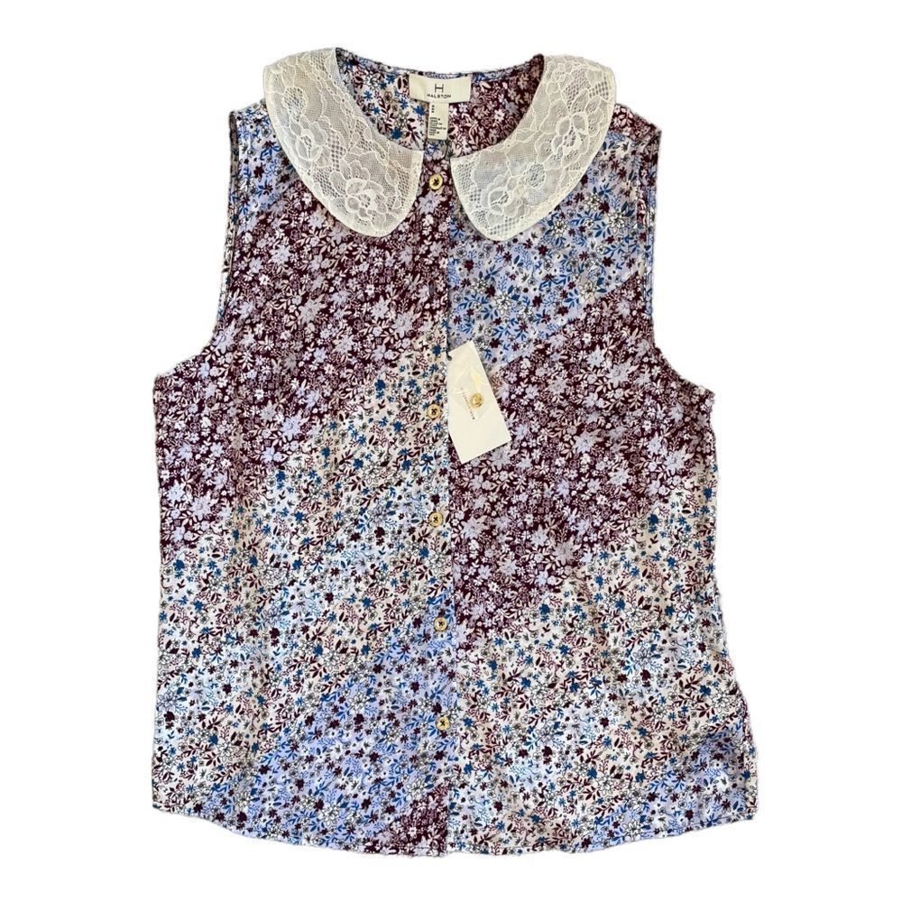 NWT Halston Floral Peter Pan Collar Button Down Sleeveless Purple Blue Blouse M
